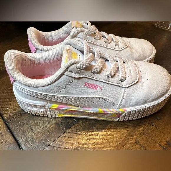 Puma Kids White Sneakers with Pink and Yellow Accents - Picture 1 of 6